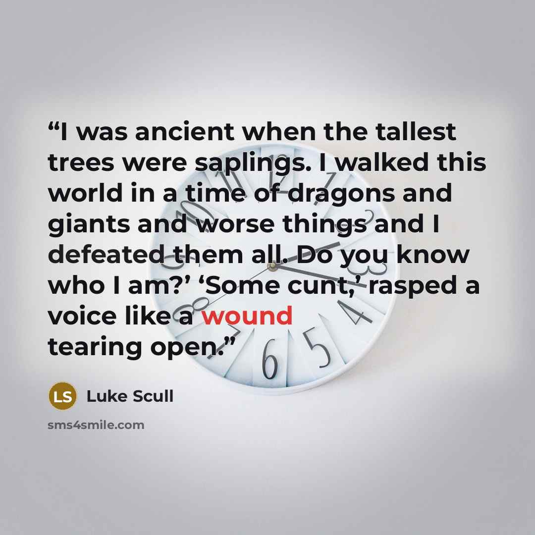 “I was ancient when the tallest trees were saplings. I walked this world in a time of dragons and giants and worse things and I defeated them all. Do you know who I am?’ ‘Some cunt,’ rasped a voice like a wound tearing open.” quote by Luke Scull
