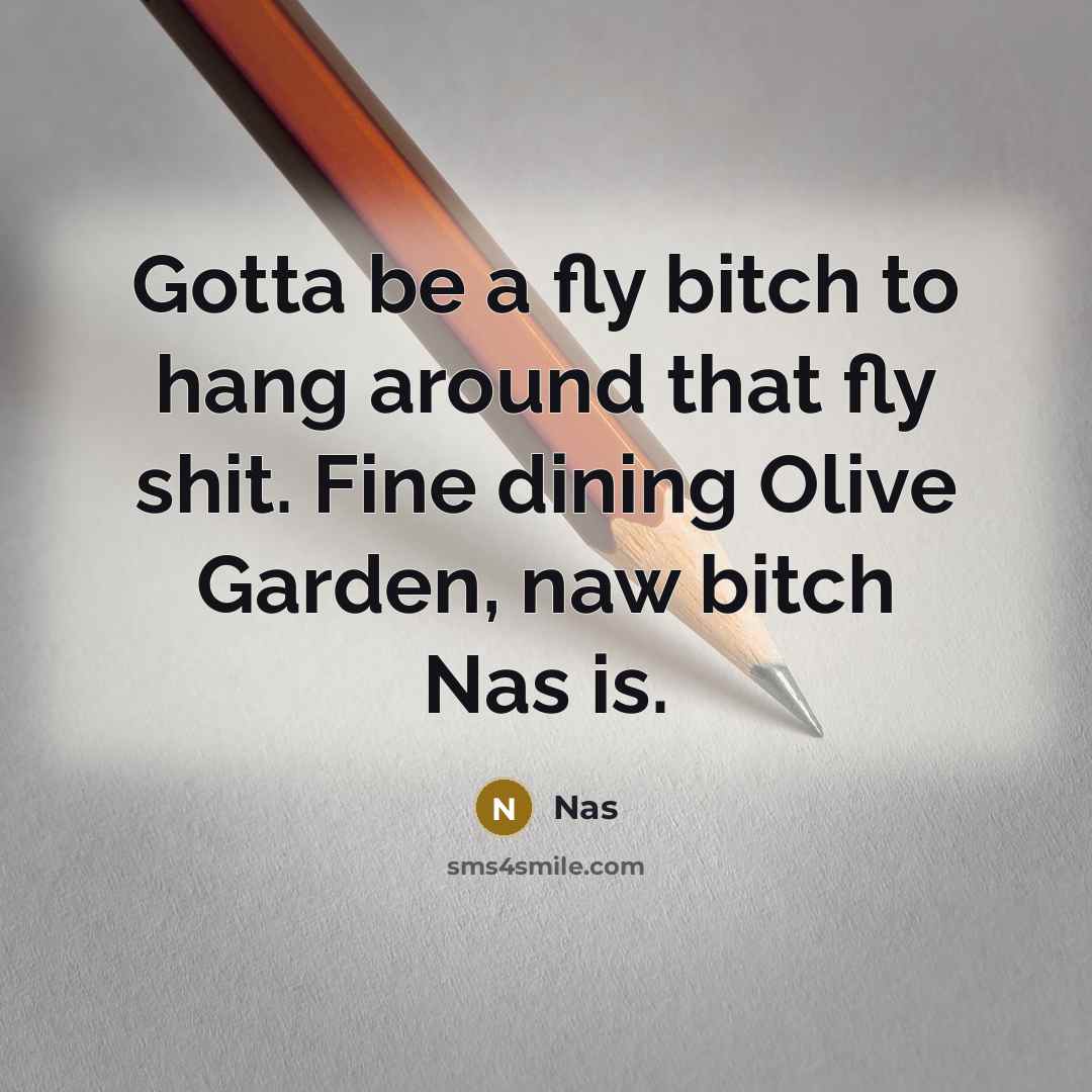 “Gotta be a fly bitch to hang around that fly shit. Fine dining Olive Garden, naw bitch Nas is.” quote by Nas