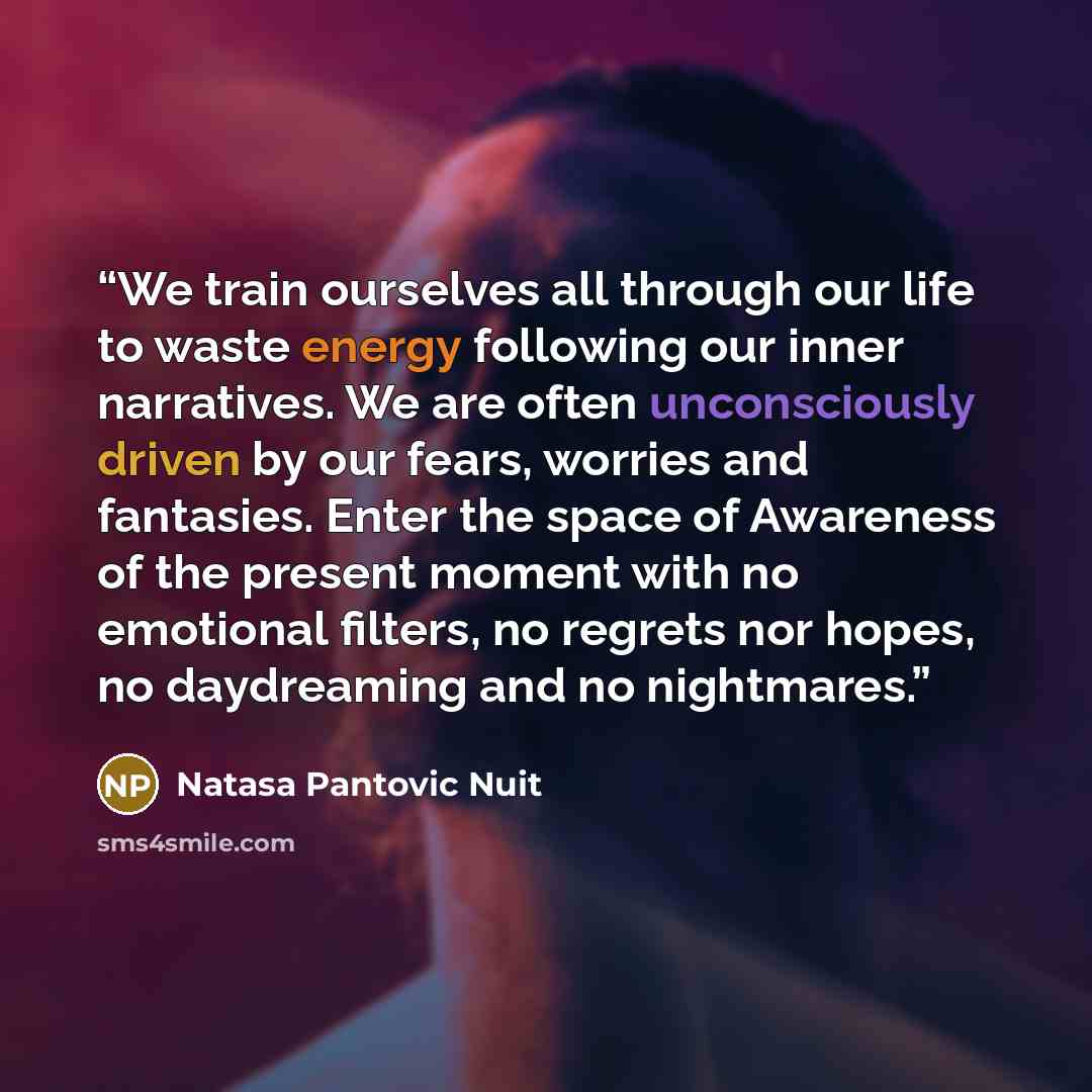 “We train ourselves all through our life to waste energy following our inner narratives. We are often unconsciously driven by our fears, worries and fantasies. Enter the space of Awareness of the present moment with no emotional filters, no regrets nor hopes, no daydreaming and no nightmares.” quote by Natasa Pantovic Nuit