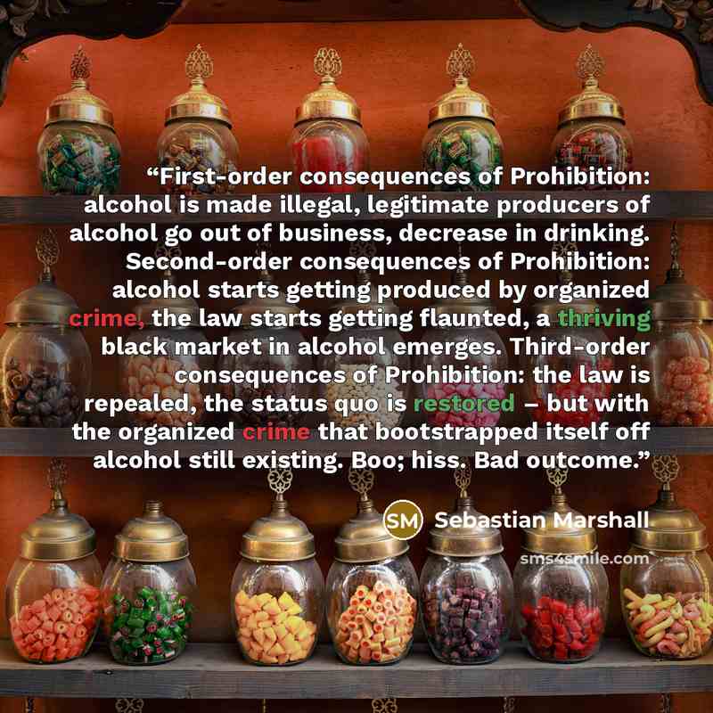 “First-order consequences of Prohibition: alcohol is made illegal, legitimate producers of alcohol go out of business, decrease in drinking. Second-order consequences of Prohibition: alcohol starts getting produced by organized crime, the law starts getting flaunted, a thriving black market in…” quote by Sebastian Marshall