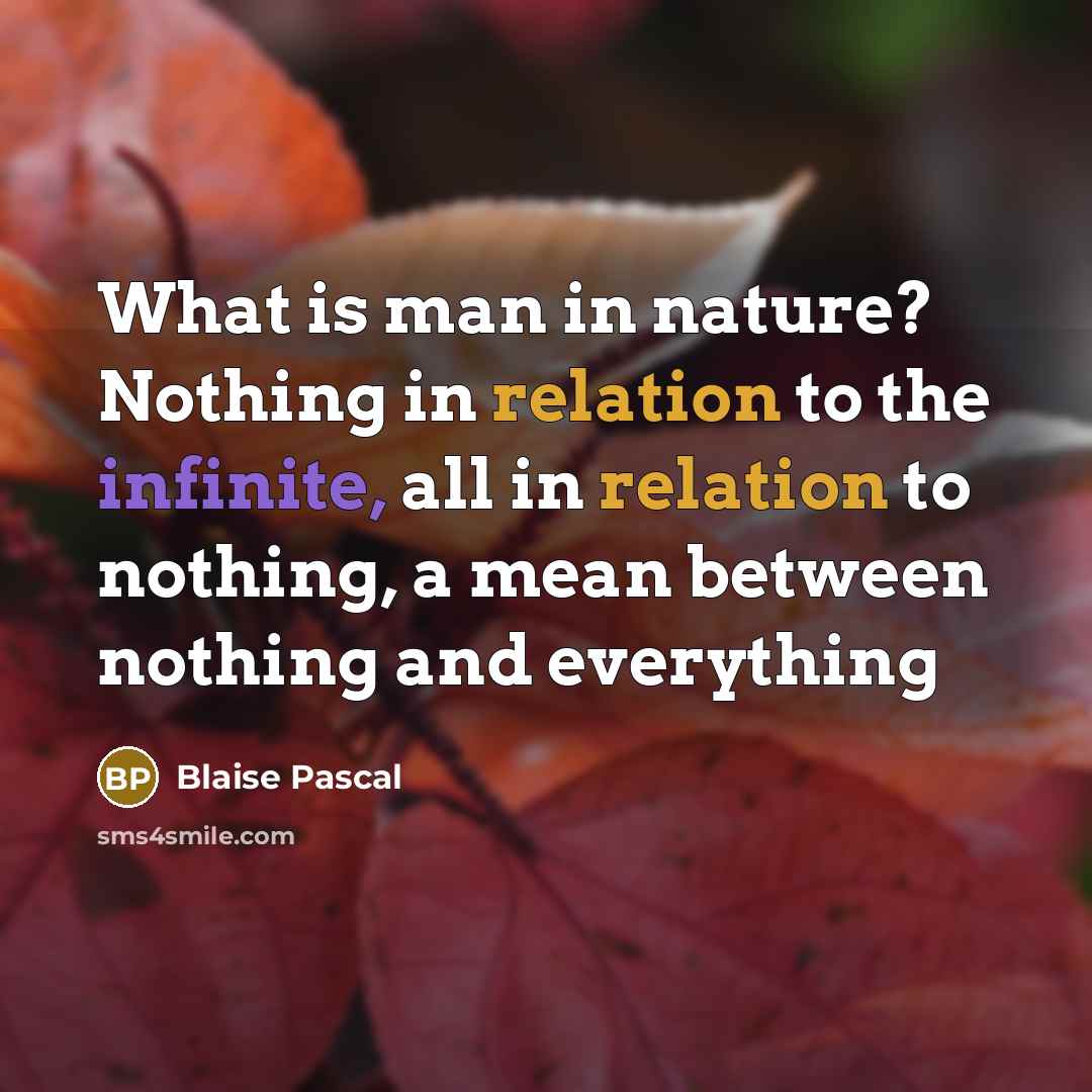 “What is man in nature? Nothing in relation to the infinite, all in relation to nothing, a mean between nothing and everything” quote by Blaise Pascal