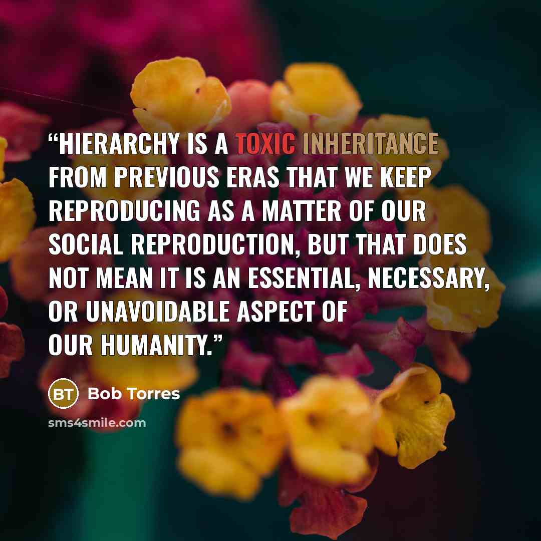“Hierarchy is a toxic inheritance from previous eras that we keep reproducing as a matter of our social reproduction, but that does not mean it is an essential, necessary, or unavoidable aspect of our humanity.” quote by Bob Torres