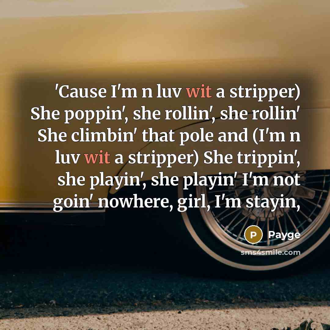 “'Cause I'm n luv wit a stripper) She poppin', she rollin', she rollin' She climbin' that pole and (I'm n luv wit a stripper) She trippin', she playin', she playin' I'm not goin' nowhere, girl, I'm stayin,” quote by Payge