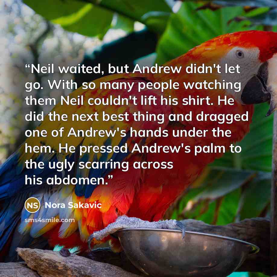 “Neil waited, but Andrew didn't let go. With so many people watching them Neil couldn't lift his shirt. He did the next best thing and dragged one of Andrew's hands under the hem. He pressed Andrew's palm to the ugly scarring across his abdomen.” quote by Nora Sakavic