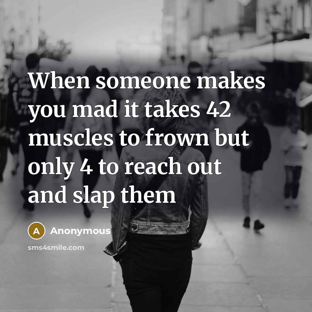“When someone makes you mad it takes 42 muscles to frown but only 4 to reach out and slap them” quote by Anonymous