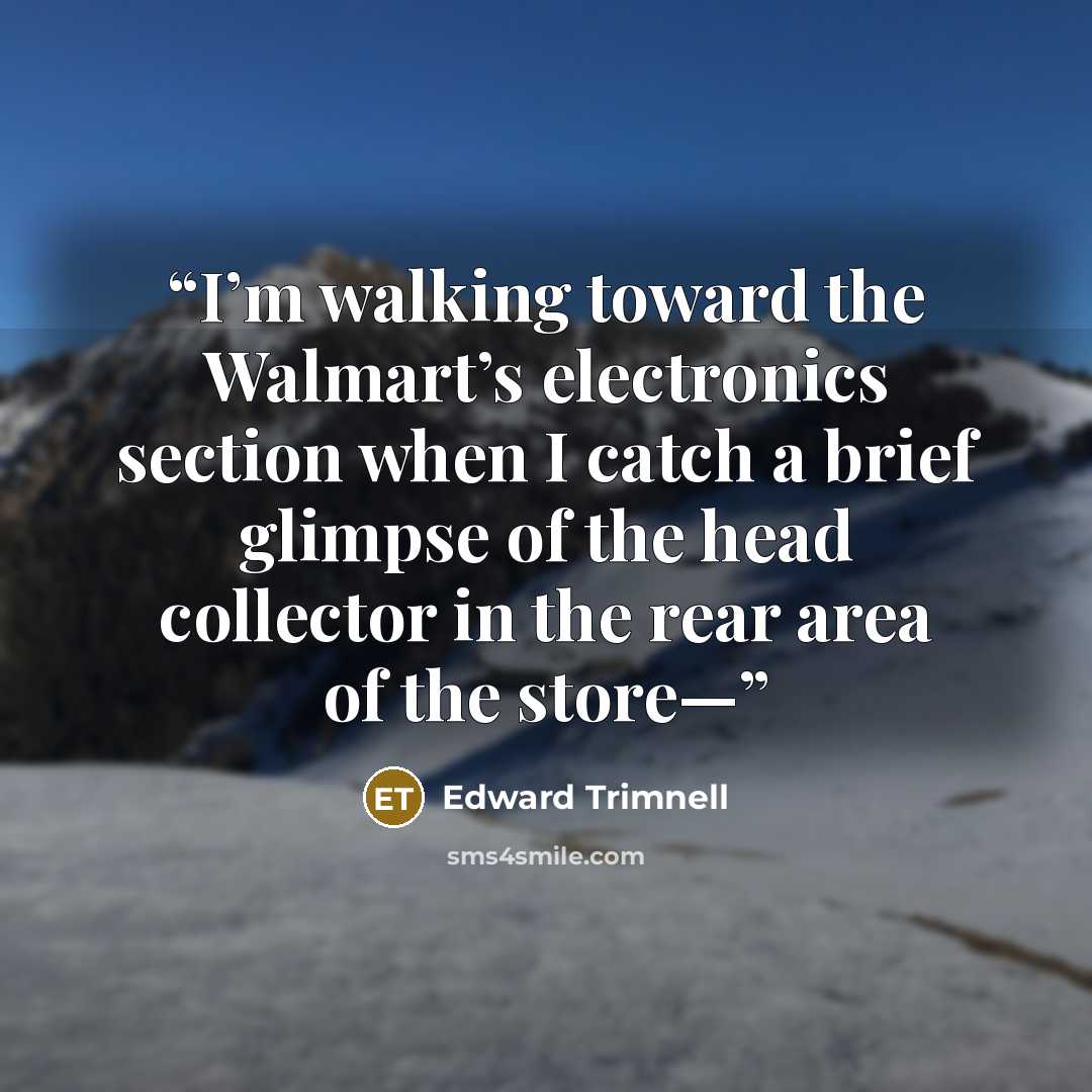 “I’m walking toward the Walmart’s electronics section when I catch a brief glimpse of the head collector in the rear area of the store—” quote by Edward Trimnell
