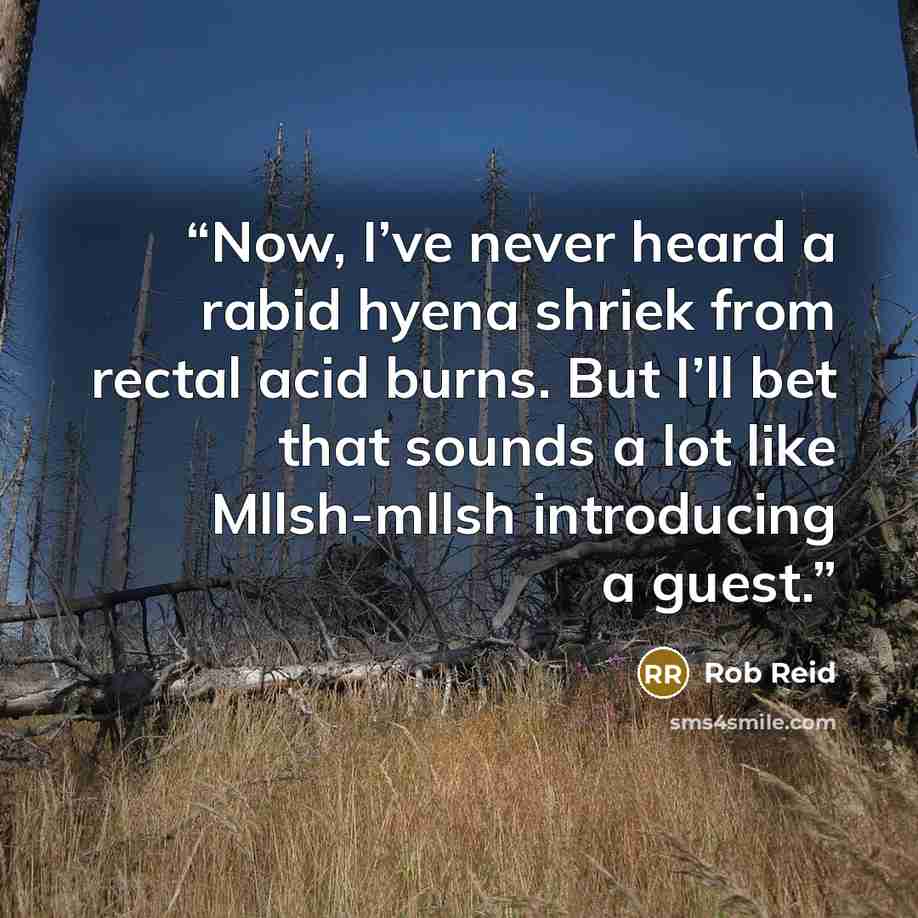 “Now, I’ve never heard a rabid hyena shriek from rectal acid burns. But I’ll bet that sounds a lot like Mllsh-mllsh introducing a guest.” quote by Rob Reid