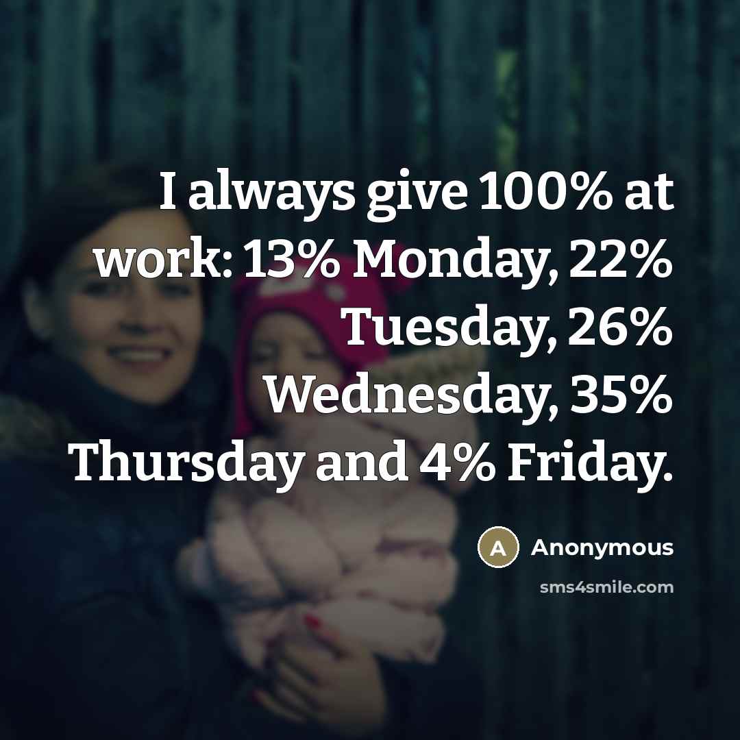“I always give 100% at work: 13% Monday, 22% Tuesday,…” quote by Anonymous