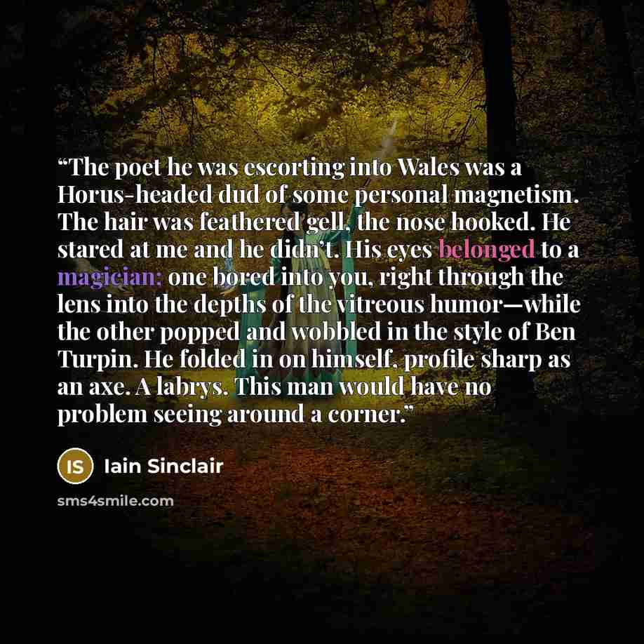 “The poet he was escorting into Wales was a Horus-headed dud of some personal magnetism. The hair was feathered gell, the nose hooked. He stared at me and he didn’t. His eyes belonged to a magician; one bored into you, right through the lens into the depths of the vitreous humor—while the other…” quote by Iain Sinclair