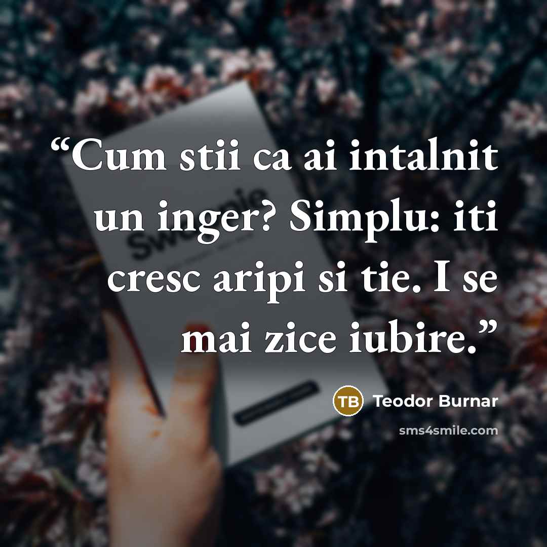 “Cum stii ca ai intalnit un inger? Simplu: iti cresc aripi si tie. I se mai zice iubire.” quote by Teodor Burnar