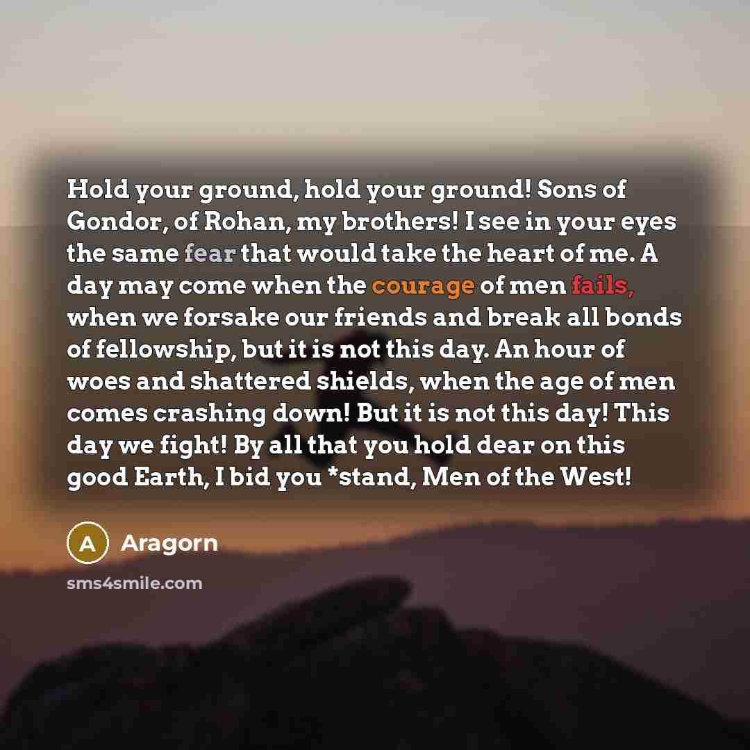 “Hold your ground, hold your ground! Sons of Gondor, of Rohan, my brothers! I see in your eyes the same fear that would take the heart of me. A day may come when the courage of men fails, when we forsake our friends and break all bonds of fellowship, but it is not this day. An hour of woes and…” quote by Aragorn