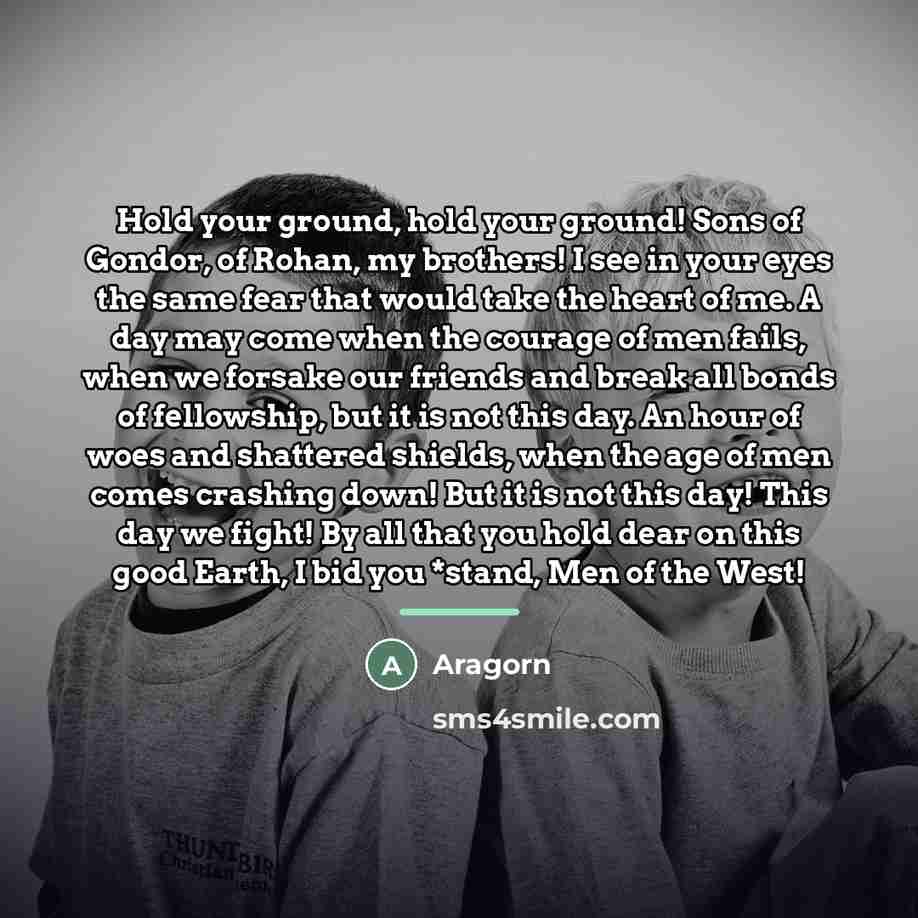 “Hold your ground, hold your ground! Sons of Gondor, of…” quote by Aragorn