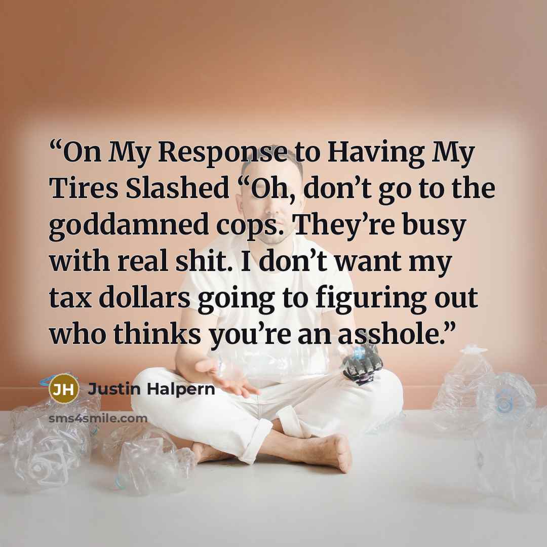 “On My Response to Having My Tires Slashed “Oh, don’t go to the goddamned cops. They’re busy with real shit. I don’t want my tax dollars going to figuring out who thinks you’re an asshole.” quote by Justin Halpern