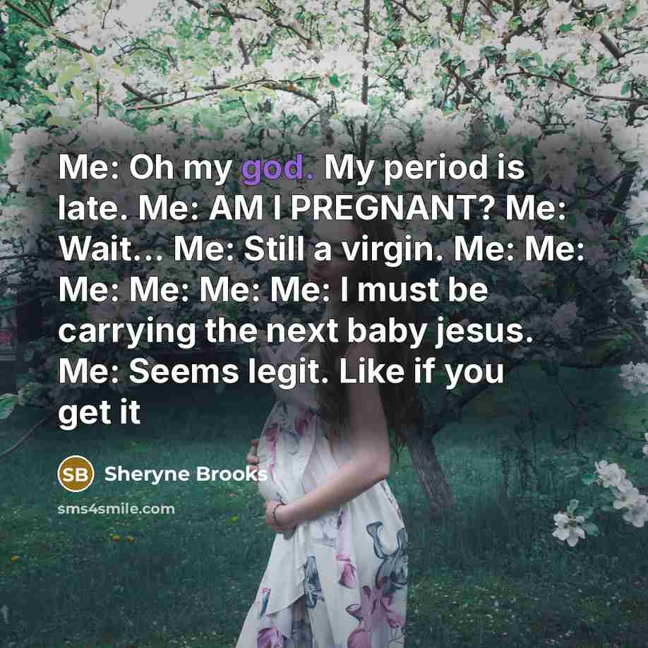 “Me: Oh my god. My period is late. Me: AM I PREGNANT? Me: Wait... Me: Still a virgin. Me: Me: Me: Me: Me: Me: I must be carrying the next baby jesus. Me: Seems legit. Like if you get it” quote by Sheryne Brooks