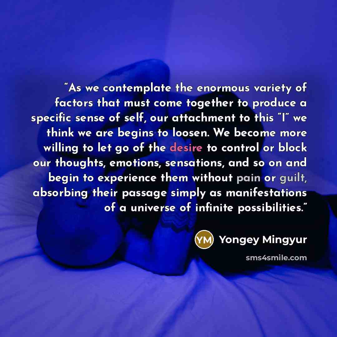 “As we contemplate the enormous variety of factors that must come together to produce a specific sense of self, our attachment to this “I” we think we are begins to loosen. We become more willing to let go of the desire to control or block our thoughts, emotions, sensations, and so on and begin to…” quote by Yongey Mingyur