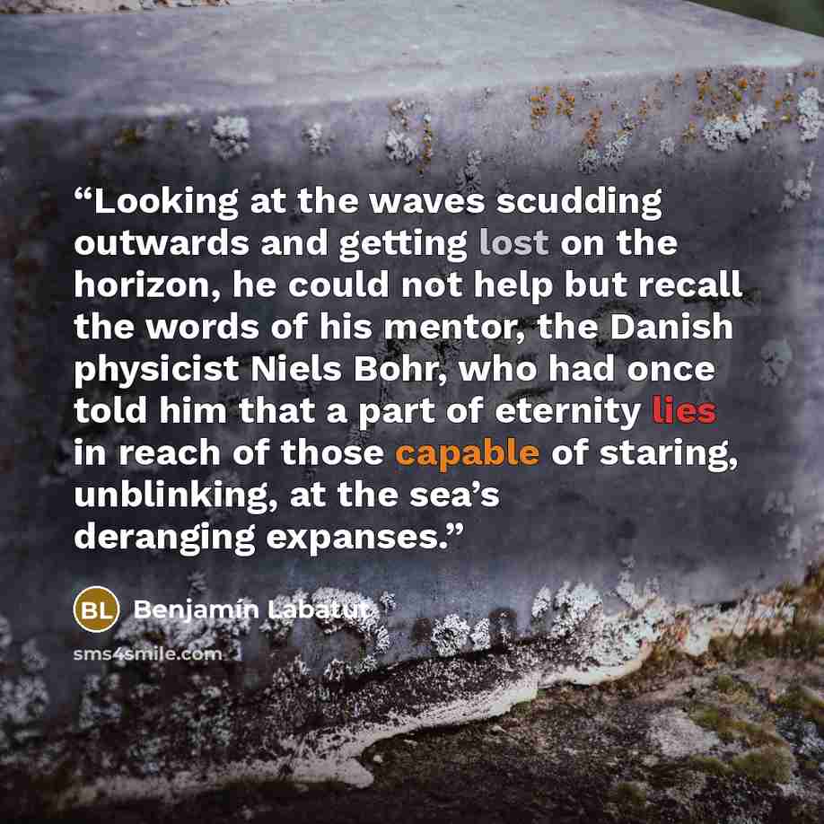 “Looking at the waves scudding outwards and getting lost on the horizon, he could not help but recall the words of his mentor, the Danish physicist Niels Bohr, who had once told him that a part of eternity lies in reach of those capable of staring, unblinking, at the sea’s deranging expanses.” quote by Benjamín Labatut