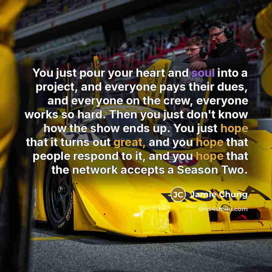 “You just pour your heart and soul into a project, and everyone pays their dues, and everyone on the crew, everyone works so hard. Then you just don't know how the show ends up. You just hope that it turns out great, and you hope that people respond to it, and you hope that the network accepts a…” quote by Jamie Chung