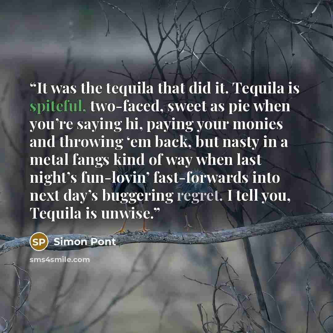 “It was the tequila that did it. Tequila is spiteful, two-faced, sweet as pie when you’re saying hi, paying your monies and throwing ‘em back, but nasty in a metal fangs kind of way when last night’s fun-lovin’ fast-forwards into next day’s buggering regret. I tell you, Tequila is unwise.” quote by Simon Pont