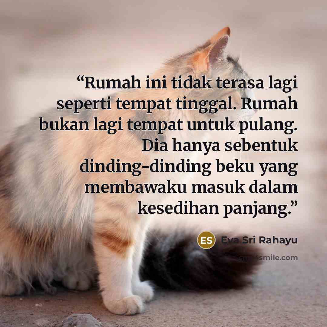 “Rumah ini tidak terasa lagi seperti tempat tinggal. Rumah bukan lagi tempat untuk pulang. Dia hanya sebentuk dinding-dinding beku yang membawaku masuk dalam kesedihan panjang.” quote by Eva Sri Rahayu