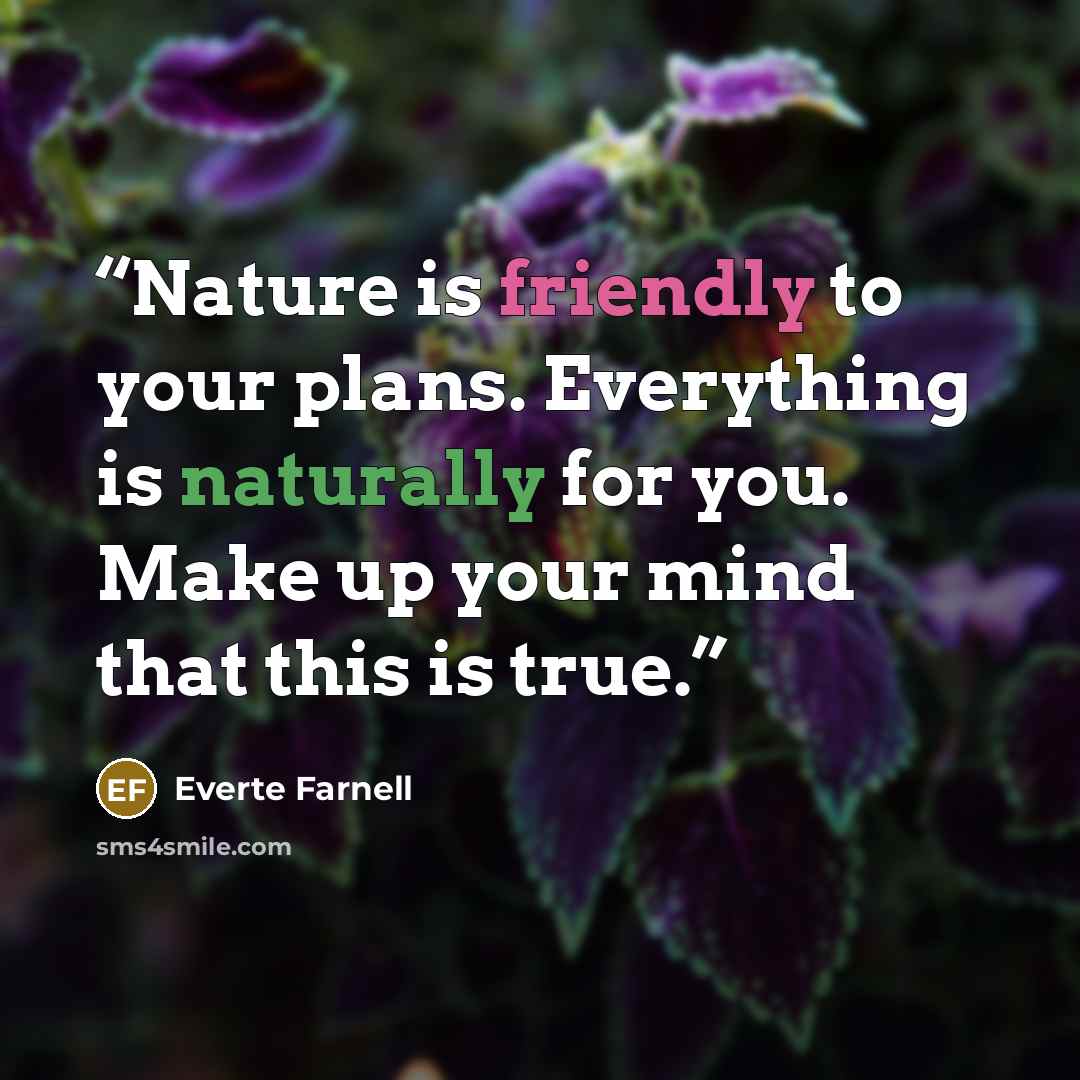 “Nature is friendly to your plans. Everything is naturally for you. Make up your mind that this is true.” quote by Everte Farnell