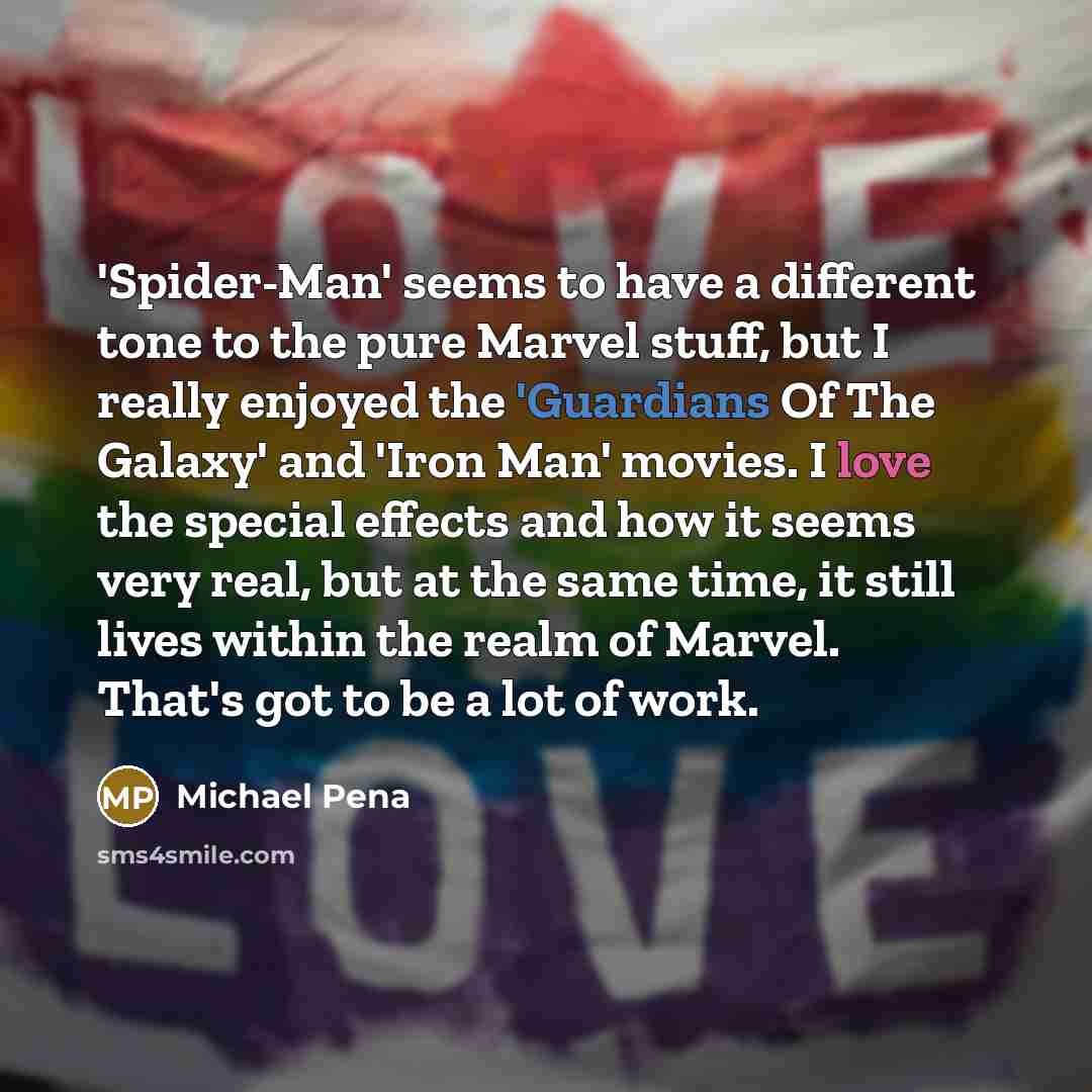 “'Spider-Man' seems to have a different tone to the pure Marvel stuff, but I really enjoyed the 'Guardians Of The Galaxy' and 'Iron Man' movies. I love the special effects and how it seems very real, but at the same time, it still lives within the realm of Marvel. That's got to be a lot of work.” quote by Michael Pena