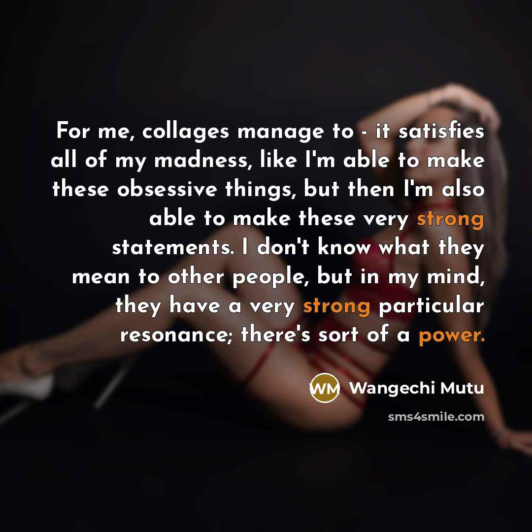 “For me, collages manage to - it satisfies all of my madness, like I'm able to make these obsessive things, but then I'm also able to make these very strong statements. I don't know what they mean to other people, but in my mind, they have a very strong particular resonance; there's sort of a power.” quote by Wangechi Mutu
