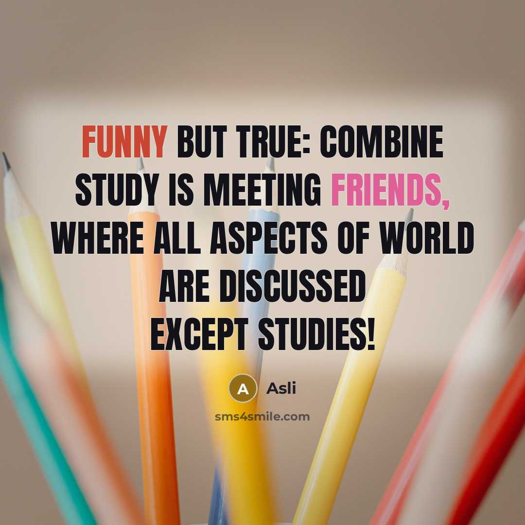 “FUNNY BUT TRUE: Combine study is meeting friends, where all aspects of world are discussed except studies!” quote by Asli