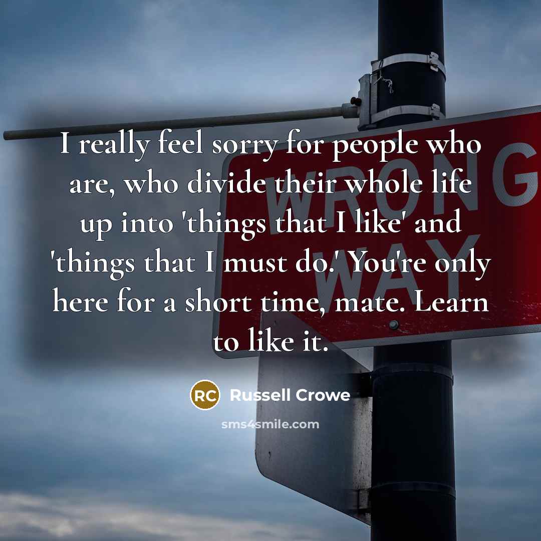 “I really feel sorry for people who are, who divide their whole life up into 'things that I like' and 'things that I must do.' You're only here for a short time, mate. Learn to like it.” quote by Russell Crowe