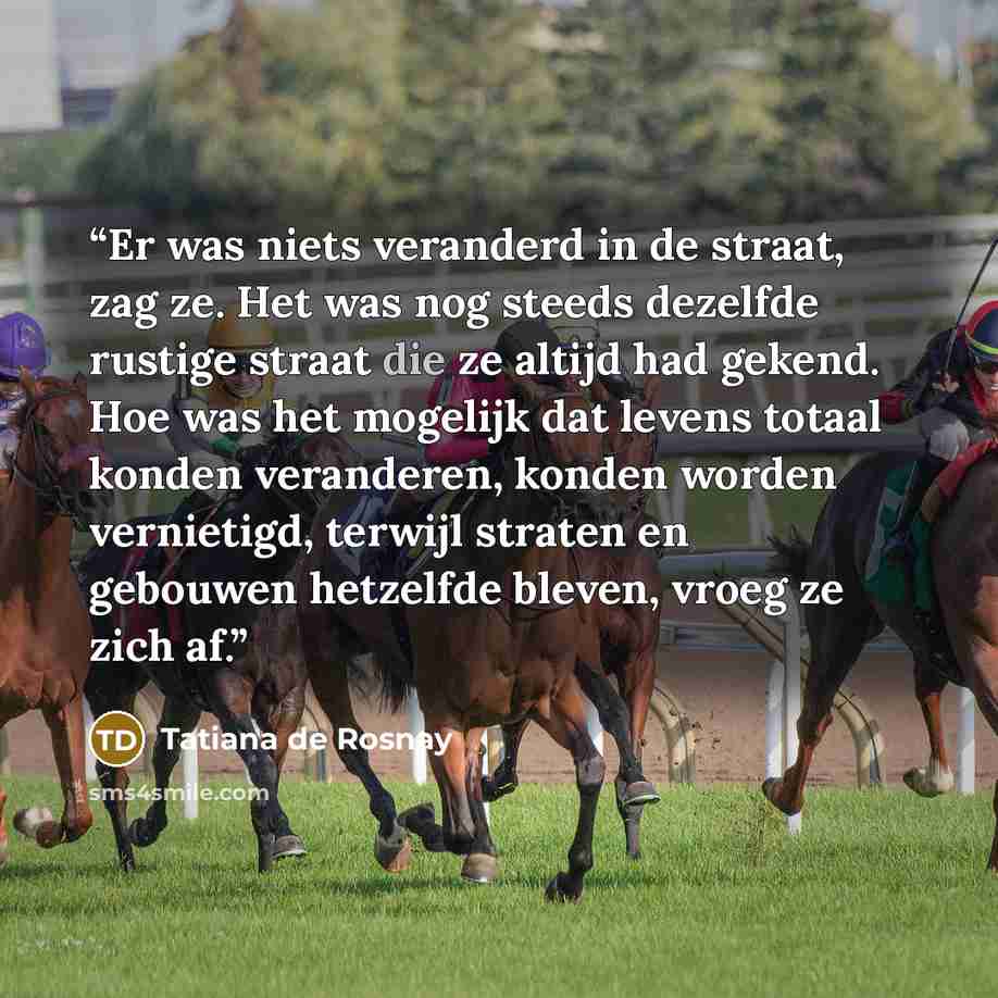 “Er was niets veranderd in de straat, zag ze. Het was nog steeds dezelfde rustige straat die ze altijd had gekend. Hoe was het mogelijk dat levens totaal konden veranderen, konden worden vernietigd, terwijl straten en gebouwen hetzelfde bleven, vroeg ze zich af.” quote by Tatiana de Rosnay