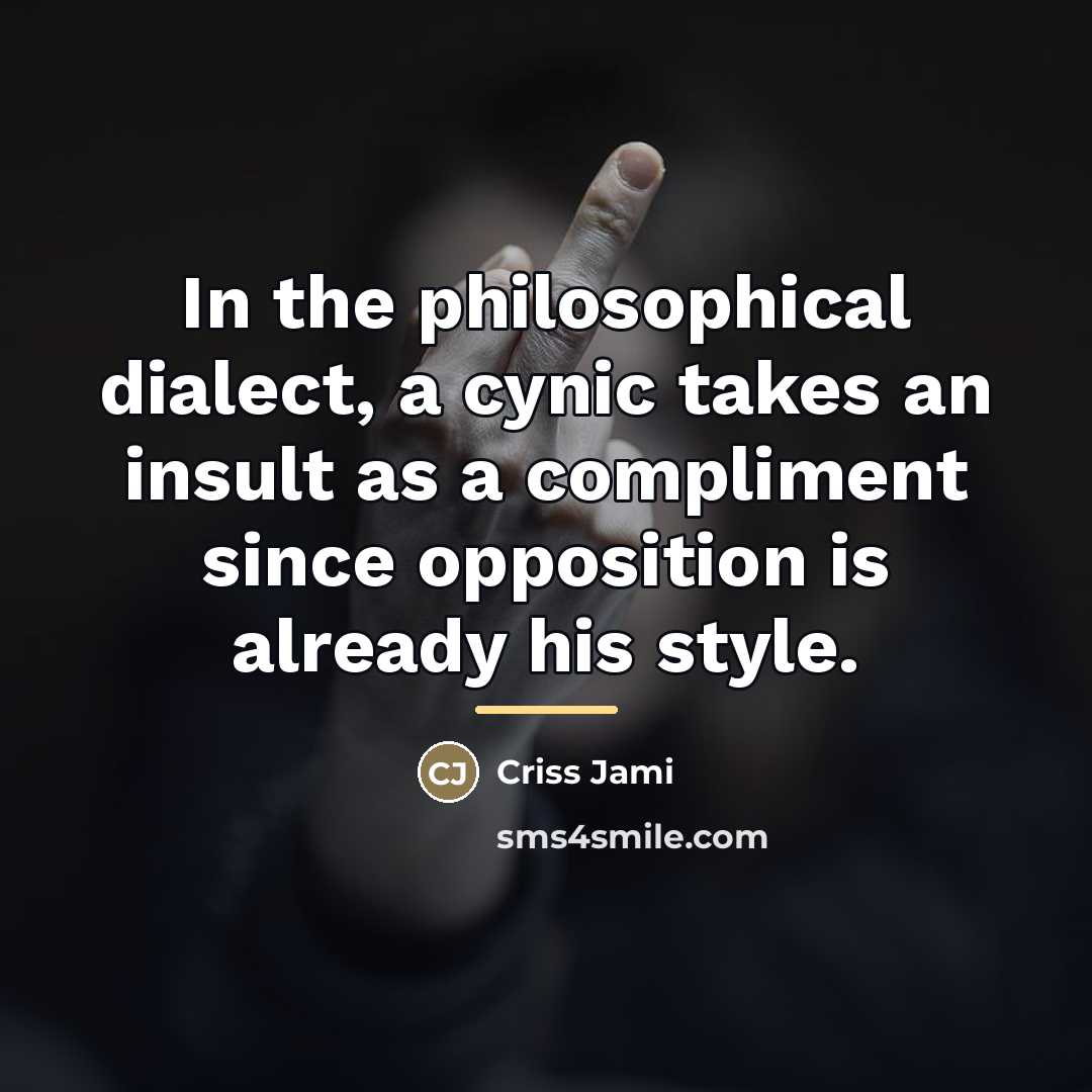“In the philosophical dialect, a cynic takes an insult as…” quote by Criss Jami