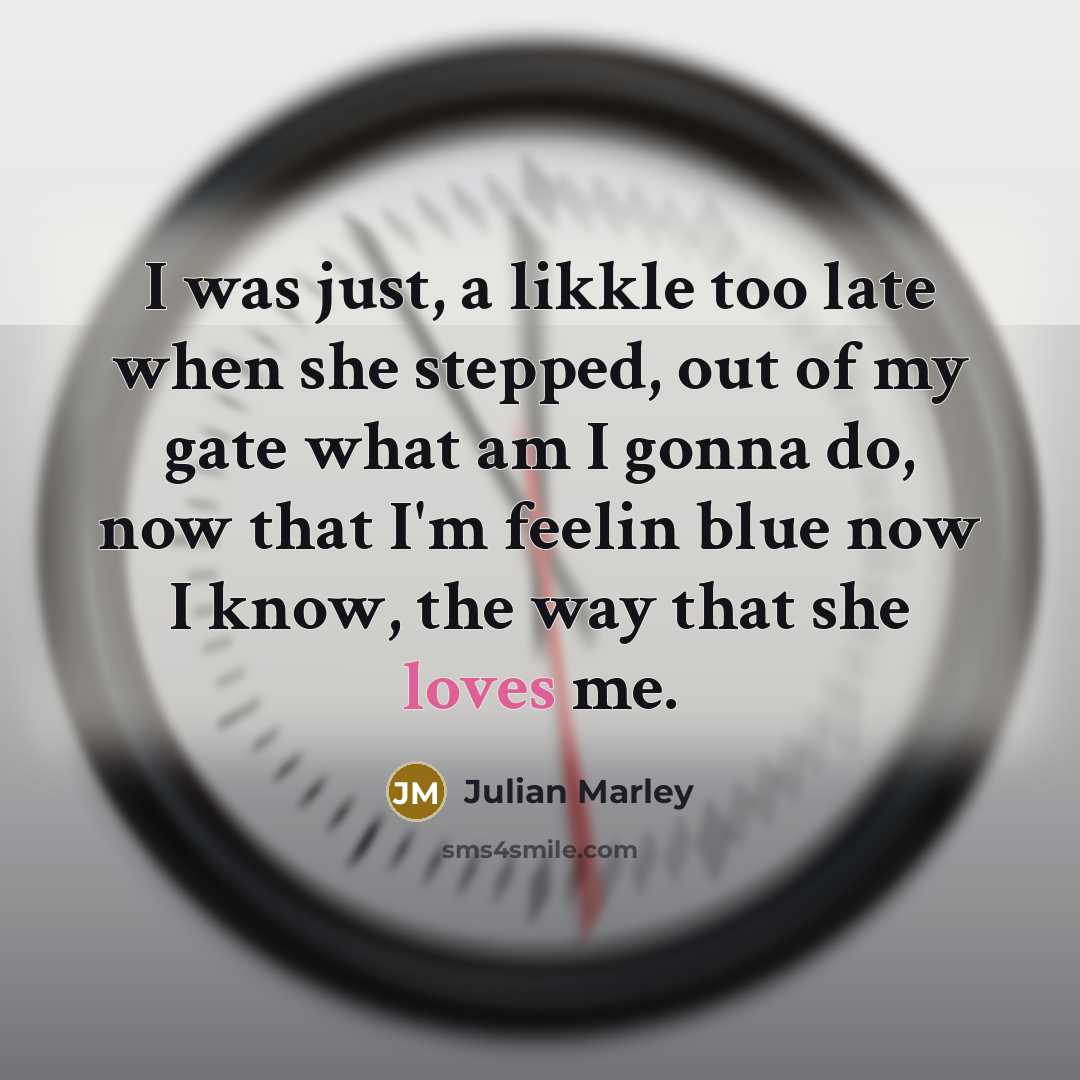 “I was just, a likkle too late when she stepped, out of my gate what am I gonna do, now that I'm feelin blue now I know, the way that she loves me.” quote by Julian Marley