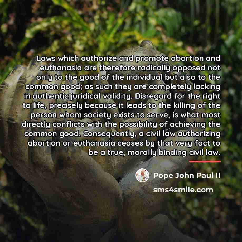 “Laws which authorize and promote abortion and euthanasia are therefore…” quote by Pope John Paul II