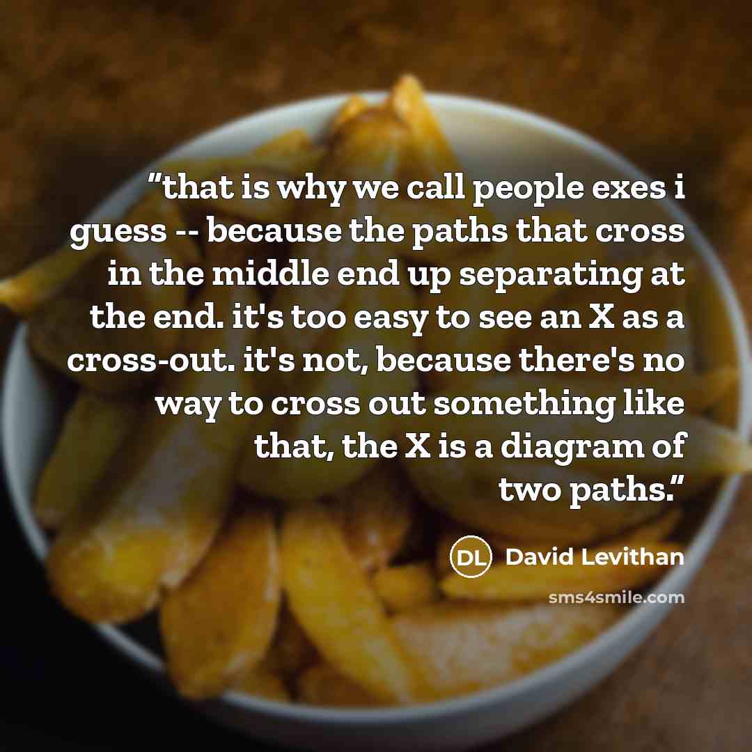 “that is why we call people exes i guess -- because the paths that cross in the middle end up separating at the end. it's too easy to see an X as a cross-out. it's not, because there's no way to cross out something like that, the X is a diagram of two paths.” quote by David Levithan