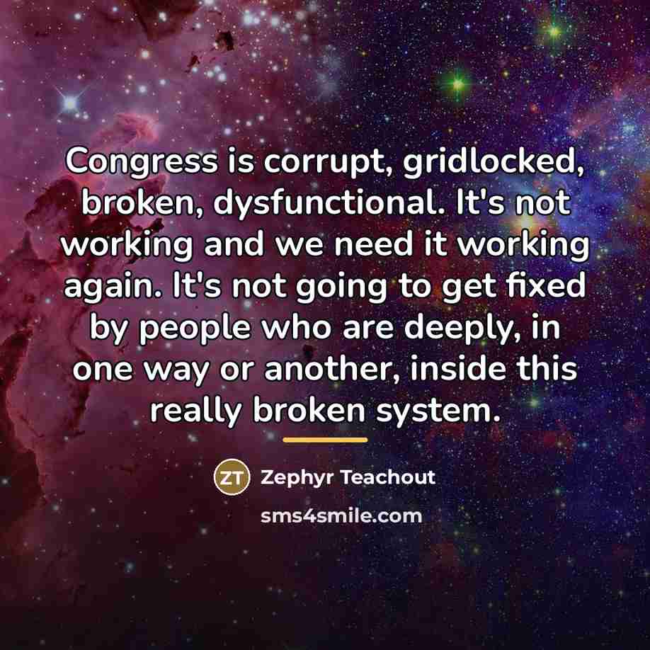 “Congress is corrupt, gridlocked, broken, dysfunctional. It's not working and…” quote by Zephyr Teachout