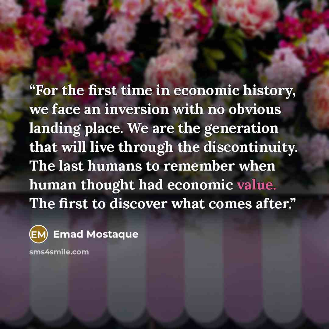 “For the first time in economic history, we face an inversion with no obvious landing place. We are the generation that will live through the discontinuity. The last humans to remember when human thought had economic value. The first to discover what comes after.” quote by Emad Mostaque