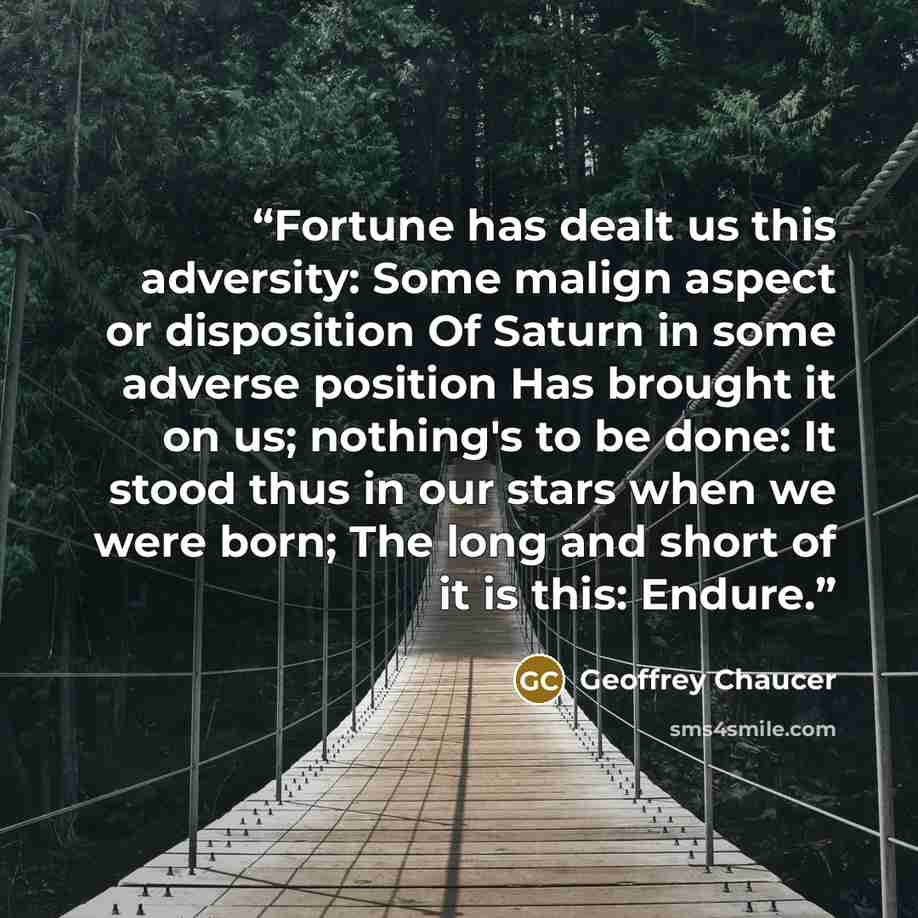 “Fortune has dealt us this adversity: Some malign aspect or disposition Of Saturn in some adverse position Has brought it on us; nothing's to be done: It stood thus in our stars when we were born; The long and short of it is this: Endure.” quote by Geoffrey Chaucer