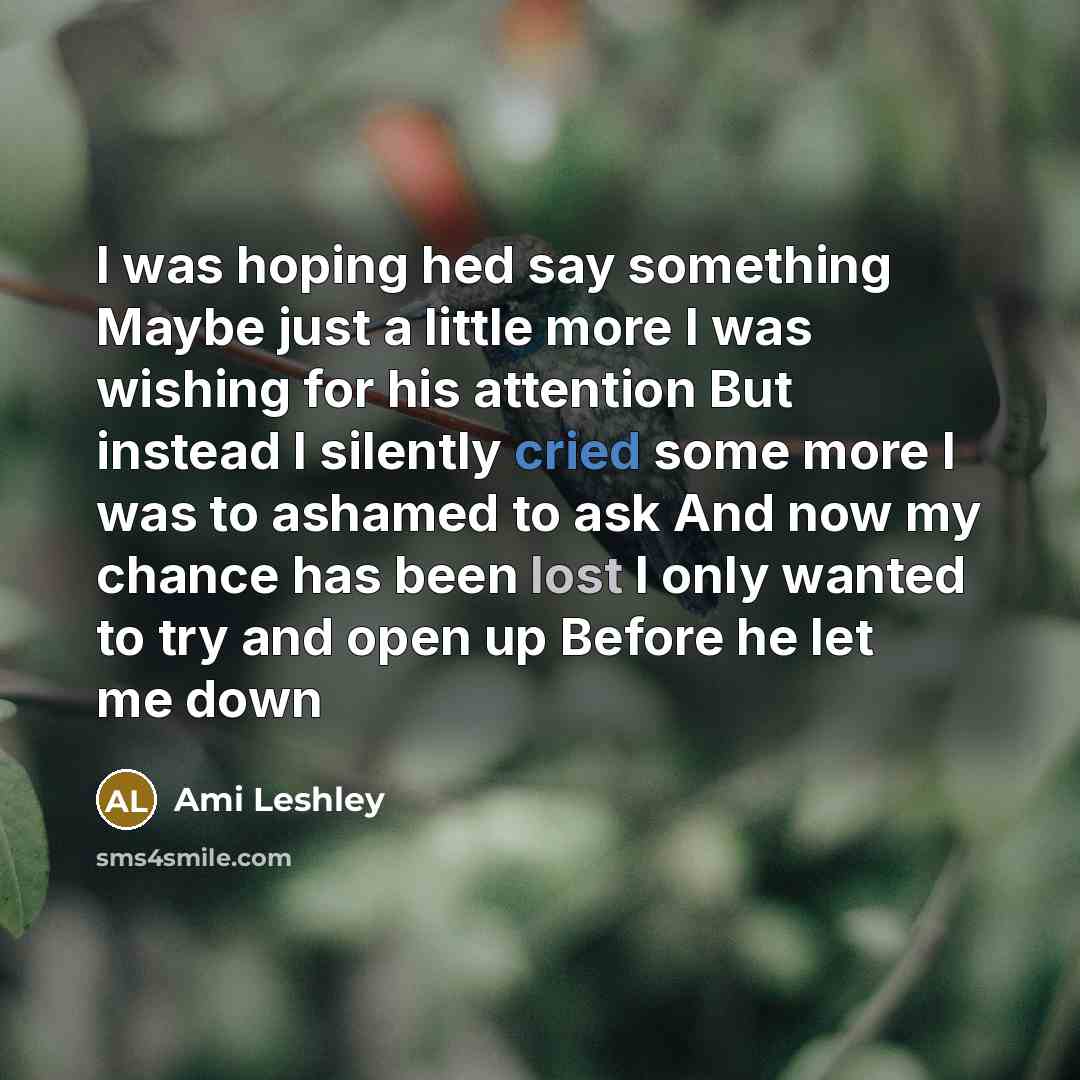 “I was hoping hed say something Maybe just a little more I was wishing for his attention But instead I silently cried some more I was to ashamed to ask And now my chance has been lost I only wanted to try and open up Before he let me down” quote by Ami Leshley