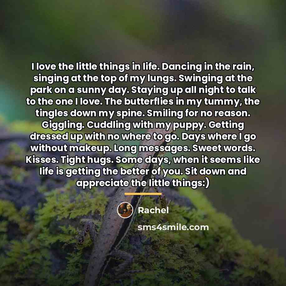 “I love the little things in life. Dancing in the…” quote by Rachel