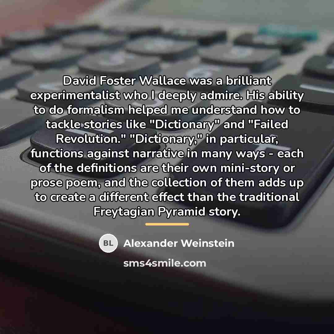 “David Foster Wallace was a brilliant experimentalist who I deeply…” quote by Alexander Weinstein