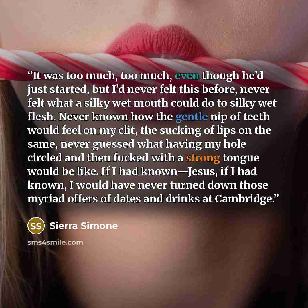 “It was too much, too much, even though he’d just started, but I’d never felt this before, never felt what a silky wet mouth could do to silky wet flesh. Never known how the gentle nip of teeth would feel on my clit, the sucking of lips on the same, never guessed what having my hole circled and…” quote by Sierra Simone