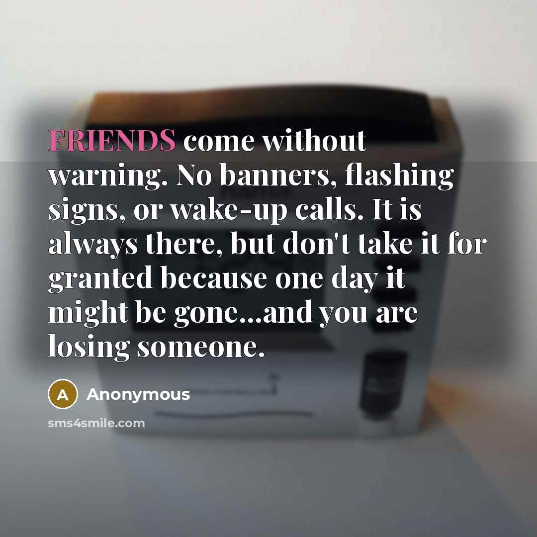 “FRIENDS come without warning. No banners, flashing signs, or wake-up calls. It is always there, but don't take it for granted because one day it might be gone...and you are losing someone.” quote by Anonymous