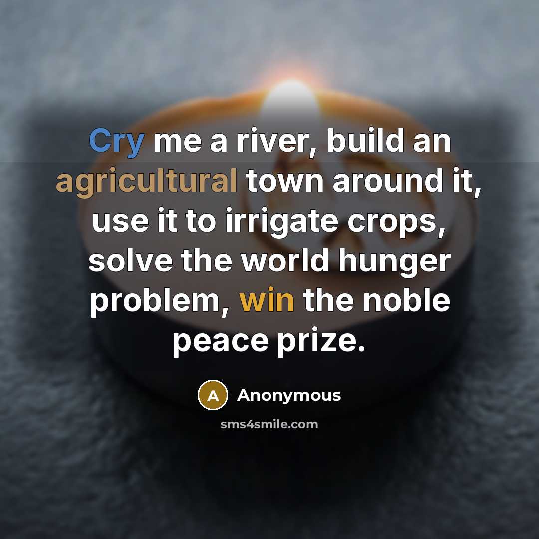 “Cry me a river, build an agricultural town around it, use it to irrigate crops, solve the world hunger problem, win the noble peace prize.” quote by Anonymous