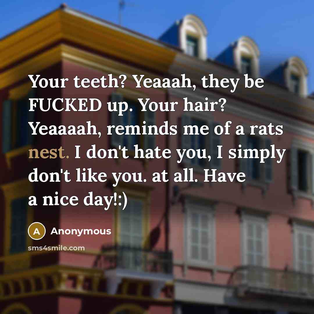 “Your teeth? Yeaaah, they be FUCKED up. Your hair? Yeaaaah,…” quote by Anonymous