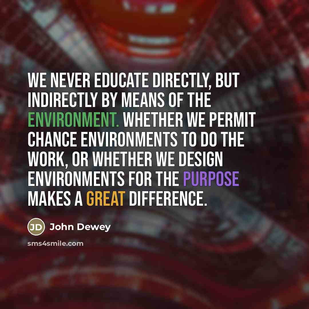 “We never educate directly, but indirectly by means of the…” quote by John Dewey