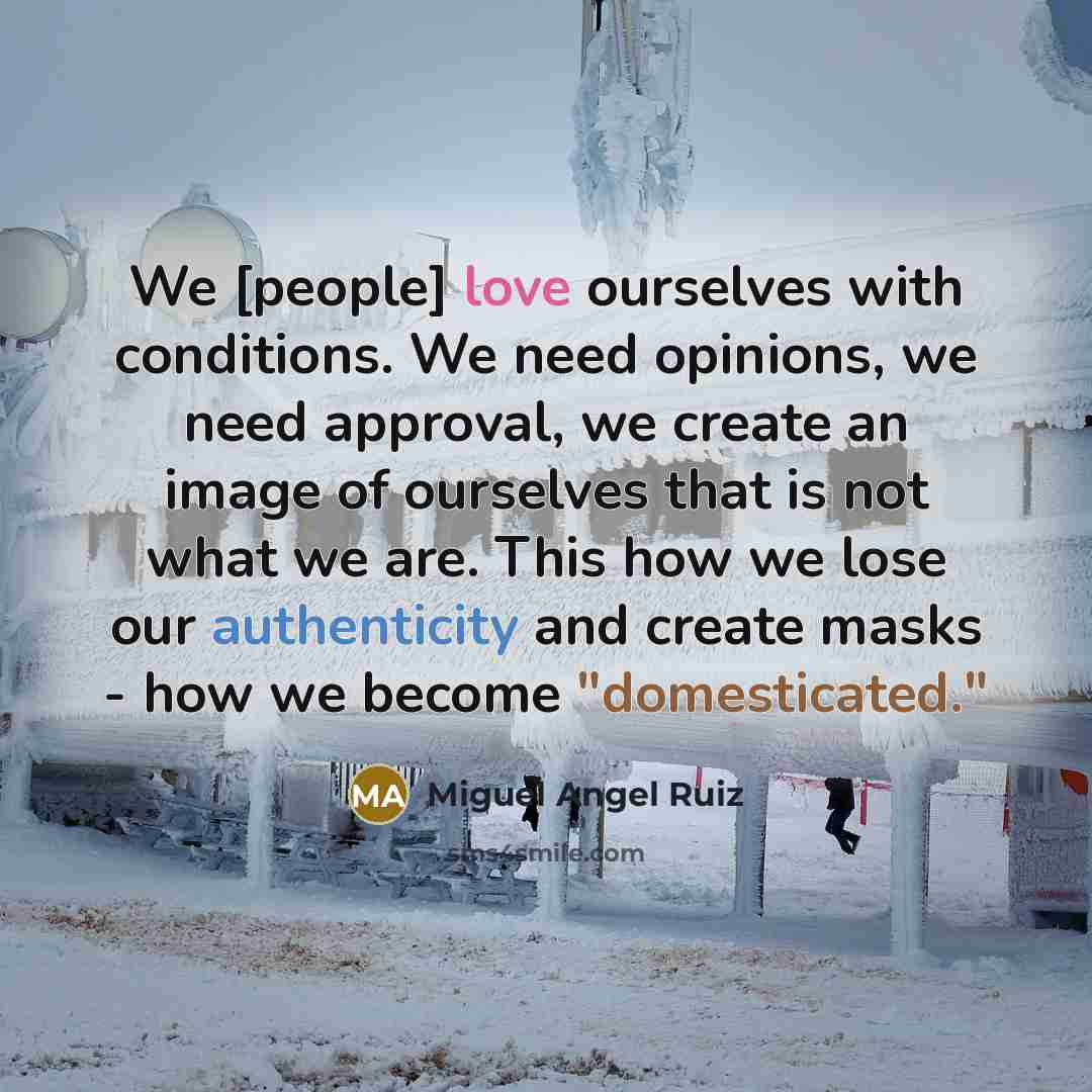 “We [people] love ourselves with conditions. We need opinions, we…” quote by Miguel Angel Ruiz