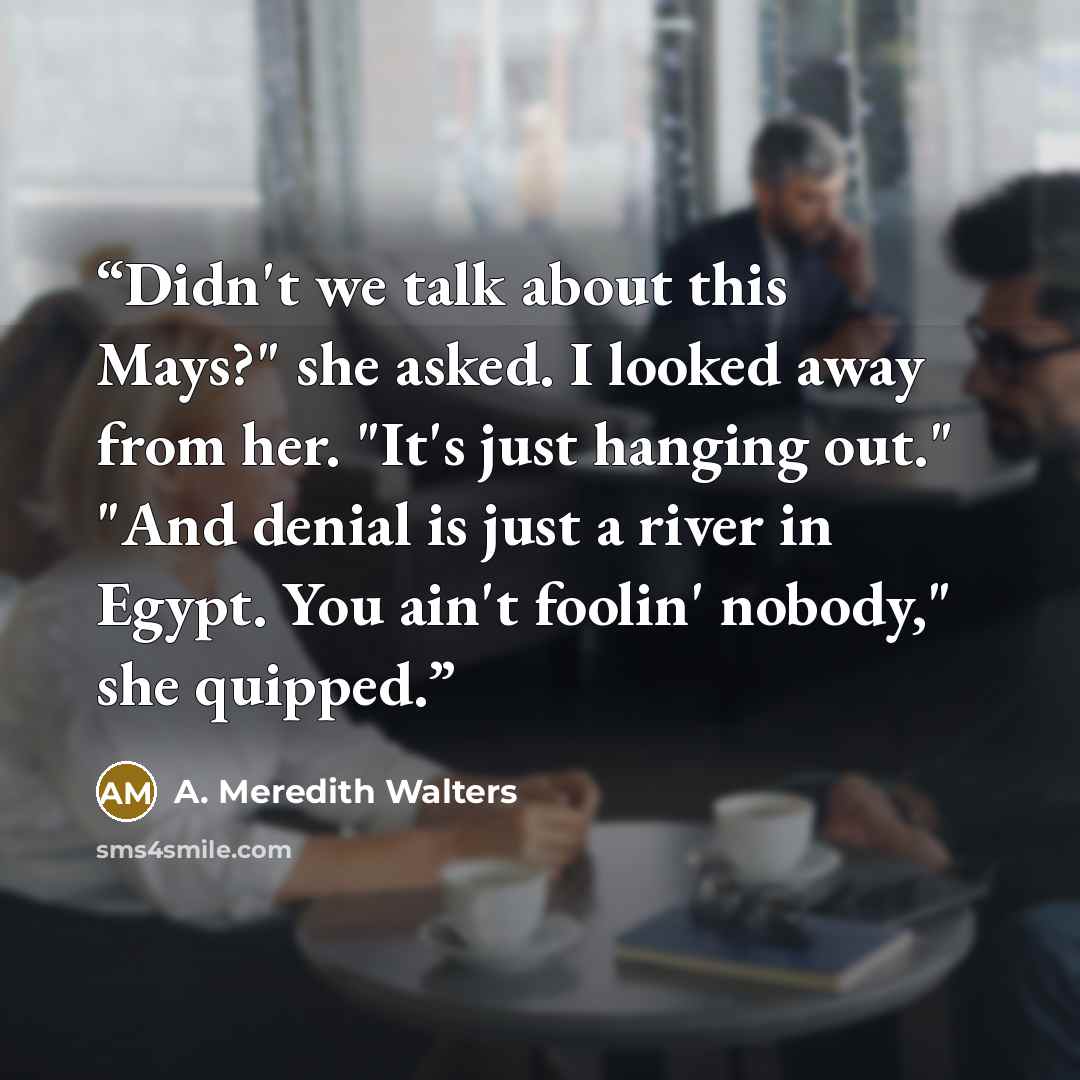 “Didn't we talk about this Mays?" she asked. I looked away from her. "It's just hanging out." "And denial is just a river in Egypt. You ain't foolin' nobody," she quipped.” quote by A. Meredith Walters