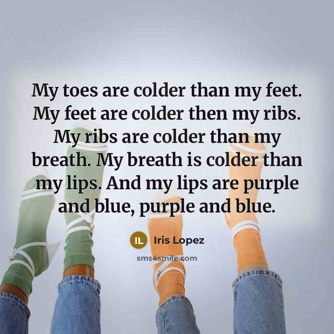 “My toes are colder than my feet. My feet are colder then my ribs. My ribs are colder than my breath. My breath is colder than my lips. And my lips are purple and blue, purple and blue.” quote by Iris Lopez