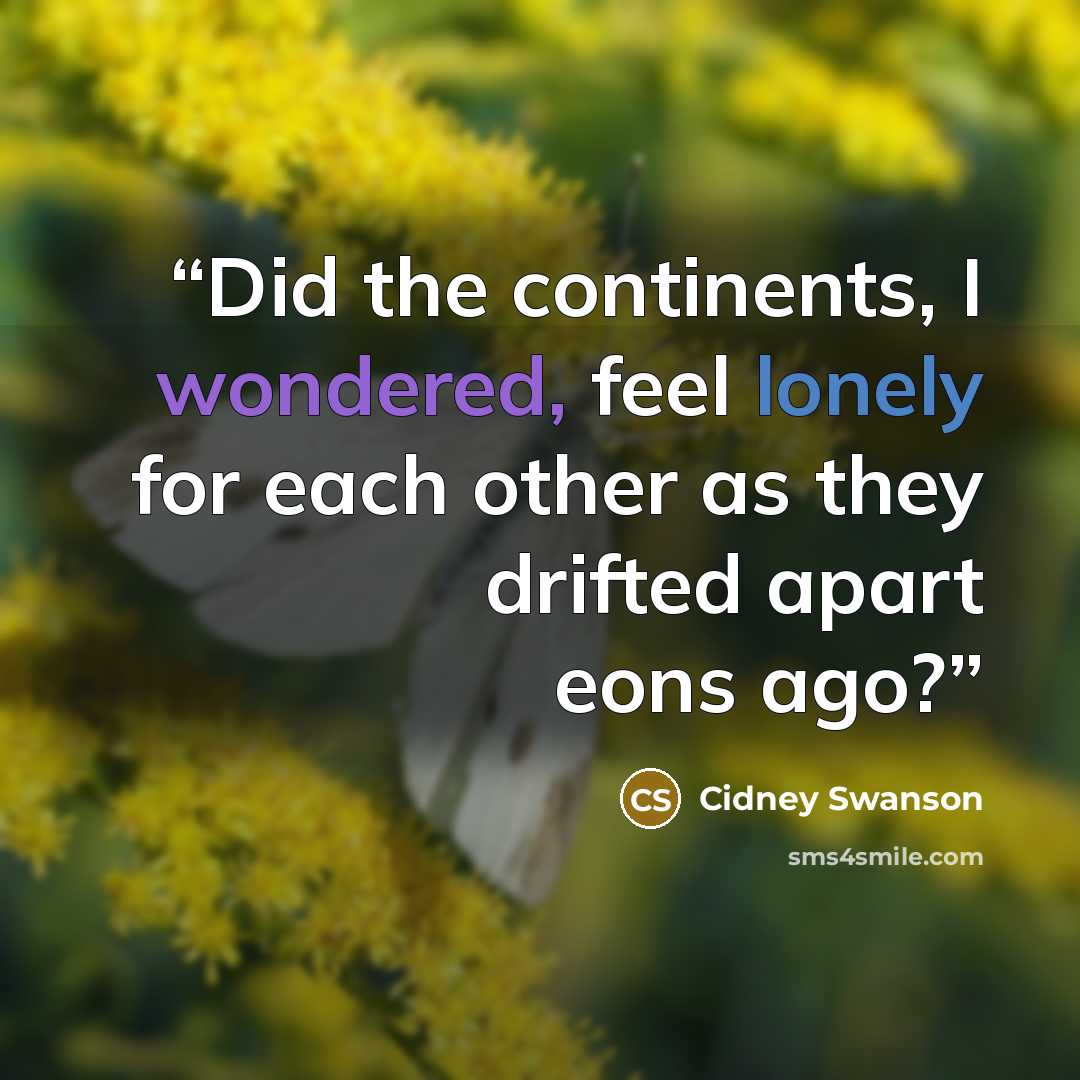 “Did the continents, I wondered, feel lonely for each other as they drifted apart eons ago?” quote by Cidney Swanson