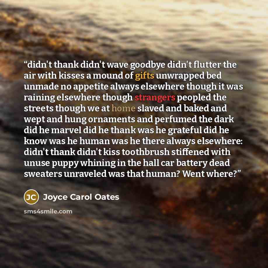 “didn't thank didn't wave goodbye didn't flutter the air with kisses a mound of gifts unwrapped bed unmade no appetite always elsewhere though it was raining elsewhere though strangers peopled the streets though we at home slaved and baked and wept and hung ornaments and perfumed the dark did he…” quote by Joyce Carol Oates