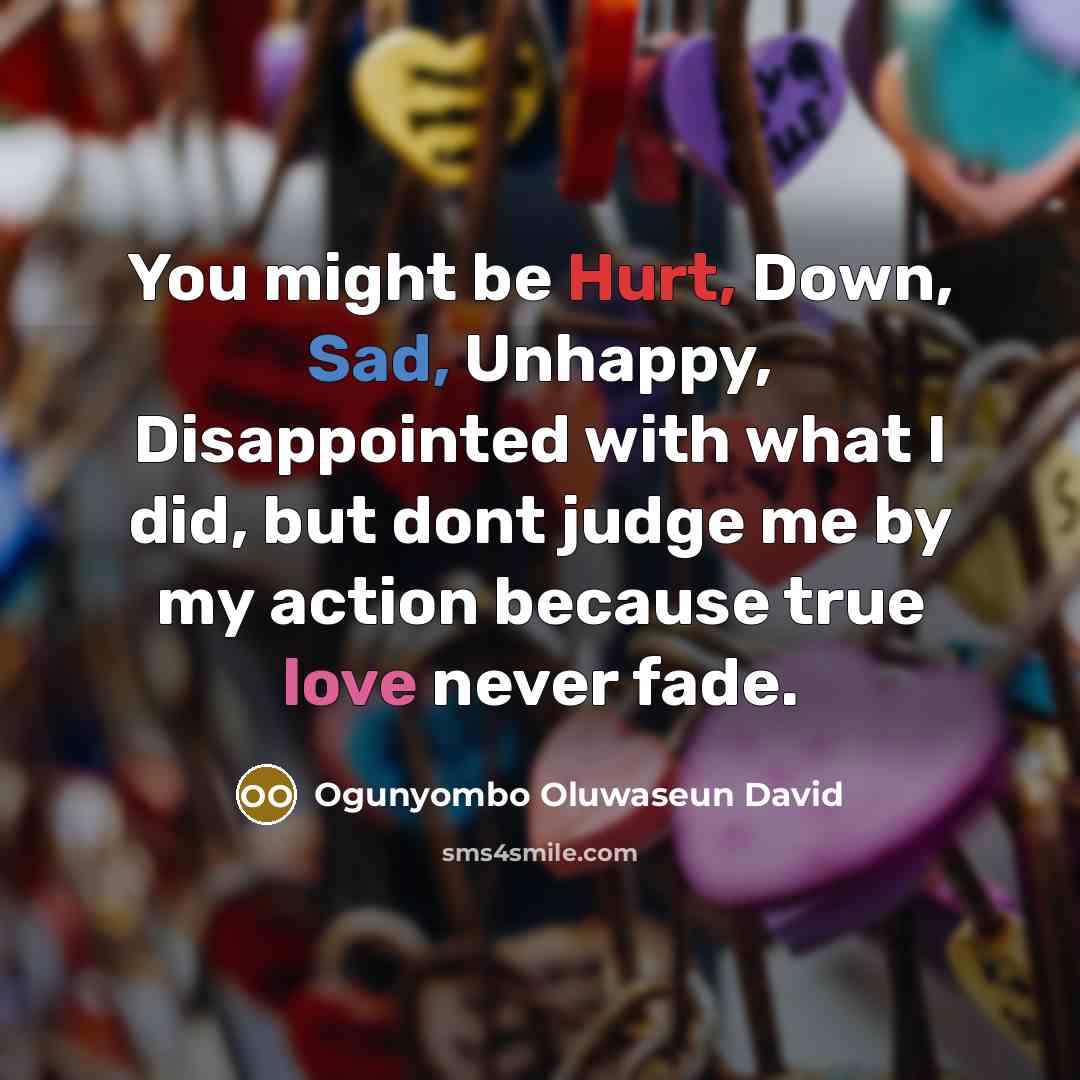 “You might be Hurt, Down, Sad, Unhappy, Disappointed with what I did, but dont judge me by my action because true love never fade.” quote by Ogunyombo Oluwaseun David